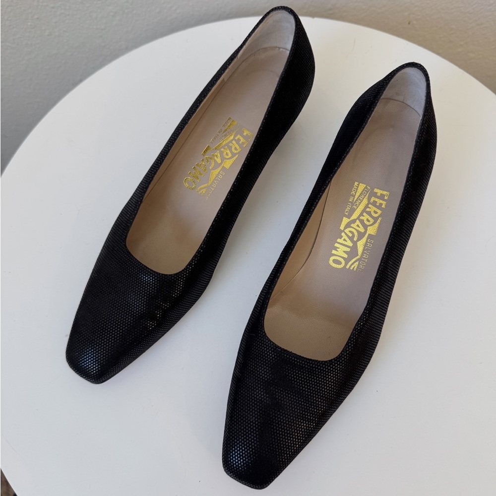 Salvatore Ferragamo black snake skin textured leather kitten heel pump 2”